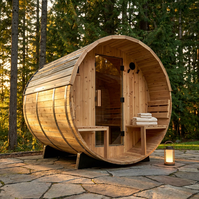 Paxton 4-Person Outdoor Cedar Traditional Wet/Dry Barrel Sauna with Porch, 9Kw Electric Heater, Wi-Fi, LED Lights