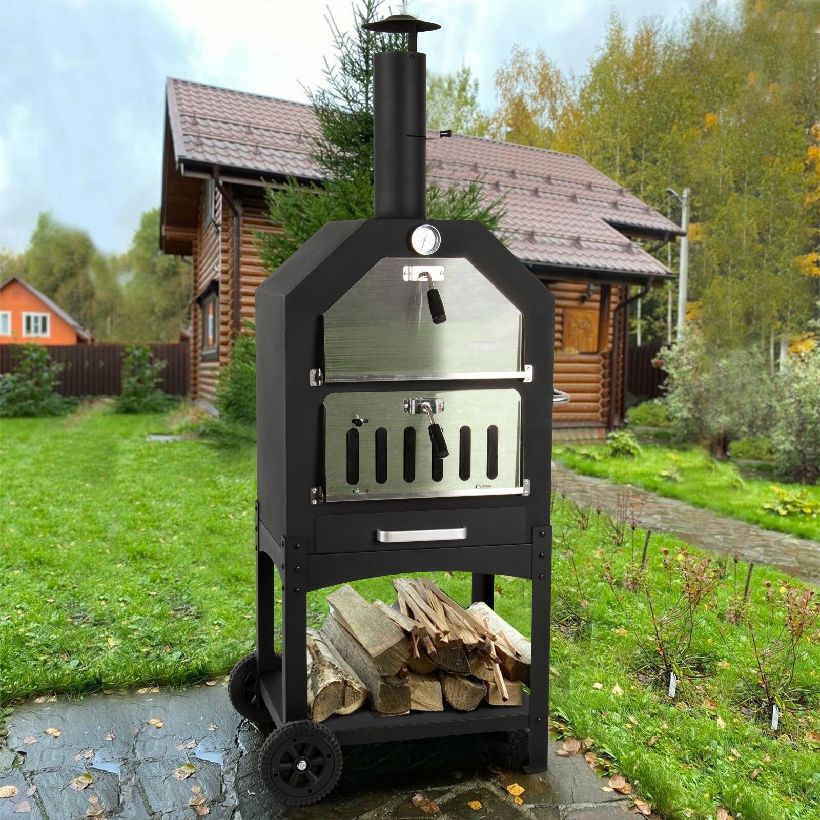 Wood Fired Pizza Oven Pizza Maker Grill with Wheels Waterproof Cover Outdoor