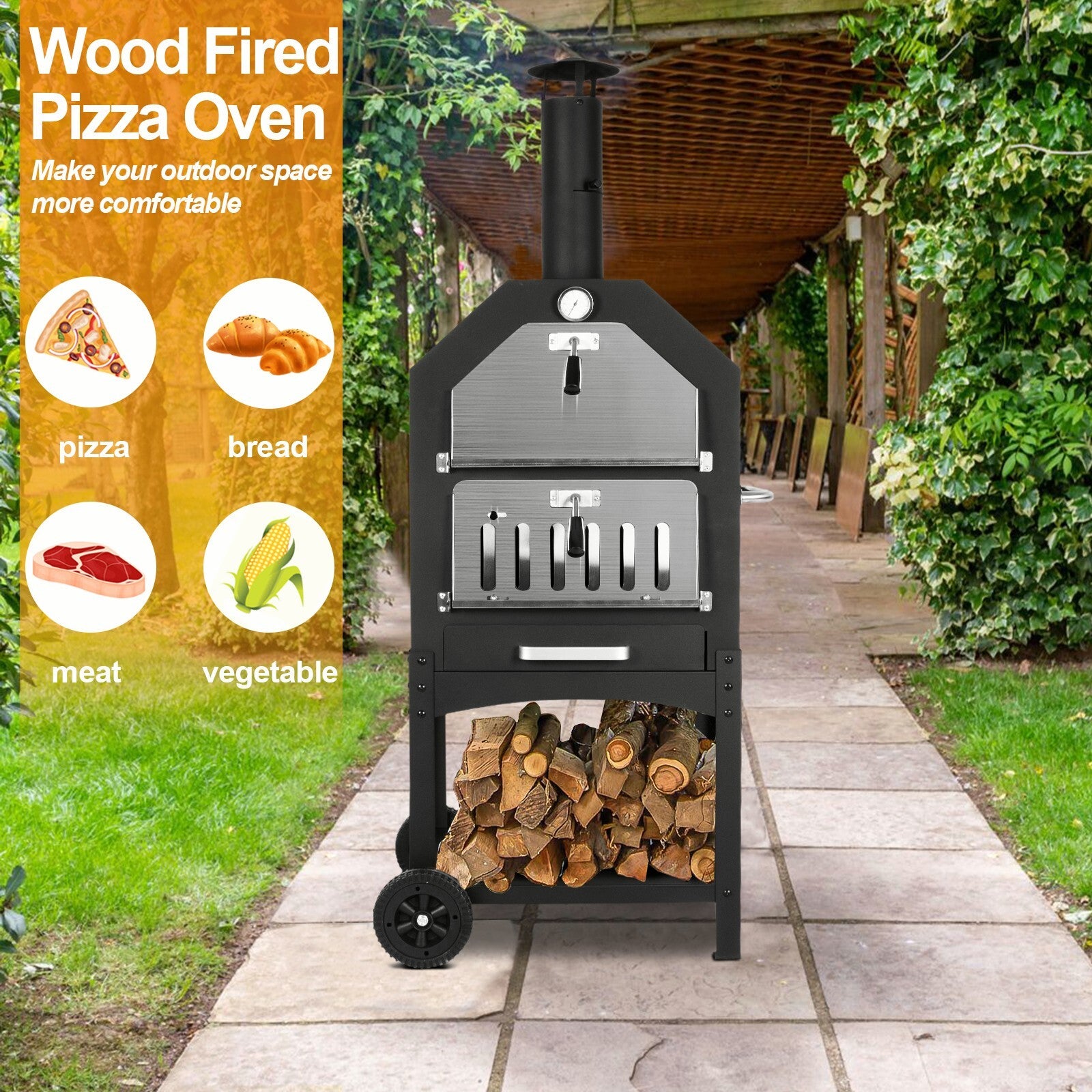 Wood Fired Pizza Oven Pizza Maker Grill with Wheels Waterproof Cover Outdoor