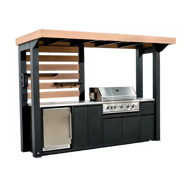 Fusion Flame 5-Burner Propane Gas Grill Island with Rotisserie and Outdoor Rated Refrigerator in Stainless Steel