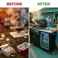Premium 70" Black Stainless Steel Outdoor Kitchen Island with Refrigerator + 32"W 4-Burner BBQ Grill with Rear Burner — Before & After