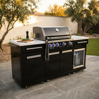 Premium 70" Black Stainless Steel Outdoor Kitchen Island with Refrigerator + 32"W 4-Burner BBQ Grill with Rear Burner — Studio Shot