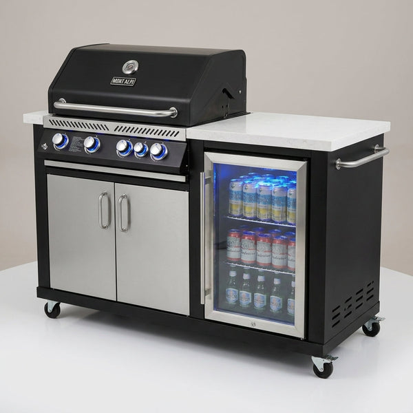 Premium 70" Black Stainless Steel Outdoor Kitchen Island with Refrigerator + 32"W 4-Burner BBQ Grill with Rear Burner — Studio Shot