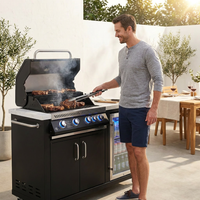 Premium 70" Black Stainless Steel Outdoor Kitchen Island with Refrigerator + 32"W 4-Burner BBQ Grill with Rear Burner — Lifestyle