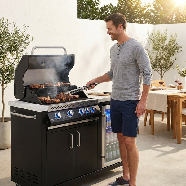 Premium 70" Black Stainless Steel Outdoor Kitchen Island with Refrigerator + 32"W 4-Burner BBQ Grill with Rear Burner