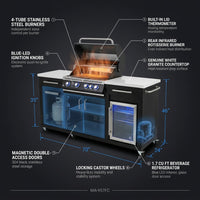 Premium 70" Black Stainless Steel Outdoor Kitchen Island with Refrigerator + 32"W 4-Burner BBQ Grill with Rear Burner — How It Works