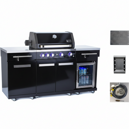 Premium 70"W Black Stainless Steel Outdoor Kitchen Island BBQ Gas Grill with Compact Refrigerator & Rotisserie Burner + Dual Sided Griddle Plate + Charcoal Tray + Natural Gas Conversion Kit
