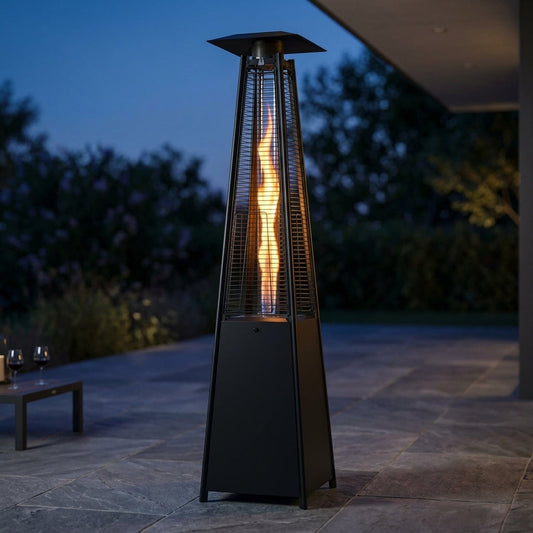 38,000 BTU Black Propane Outdoor Pyramid Patio Heater with Dancing Flames — Studio Shot