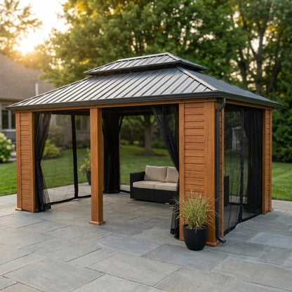 Apollo 12 Ft. X 18 Ft. Wood like Aluminum Hardtop Gazebo with Galvanized Steel Roof and Mosquito Net — Studio Shot