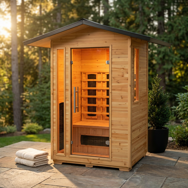 Burlington 2-Person Outdoor Infared Sauna in Hemlock with Weatherproof Cabin, Metal Roof and Bluetooth Sound System — Studio Shot