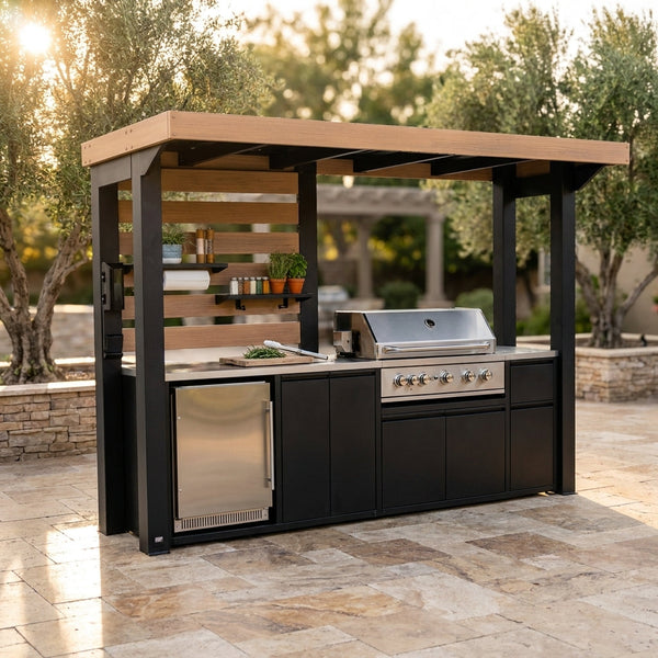 Fusion Flame 5-Burner Propane Gas Grill Island with Rotisserie and Outdoor Rated Refrigerator in Stainless Steel — Studio Shot