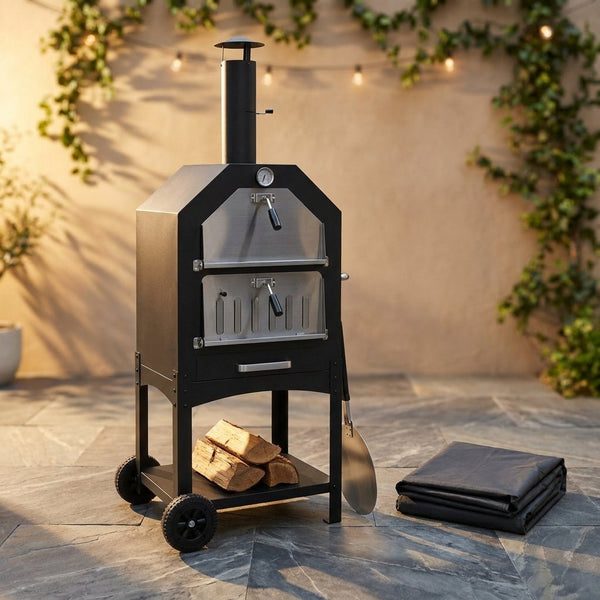 Wood Fired Pizza Oven Pizza Maker Grill with Wheels Waterproof Cover Outdoor — Studio Shot